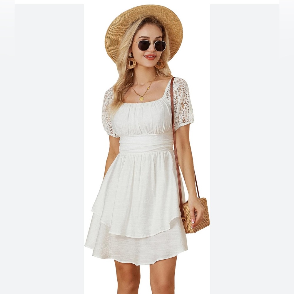 White Dress With Lace Sleeves and Bow Back
